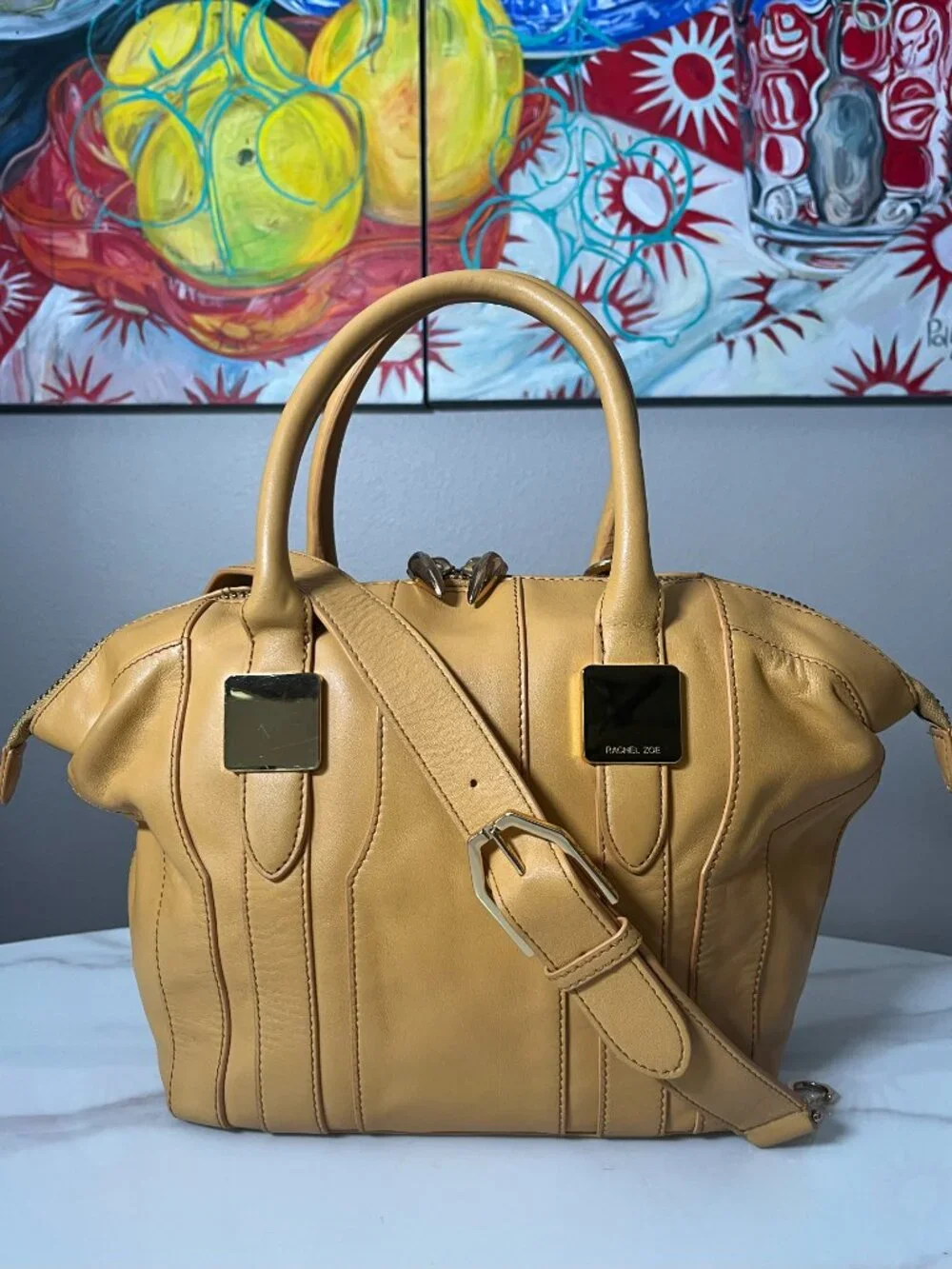 Rachel Zoe Leather Camel Convertible Satchel Bowler Tote Shoulder Bag
